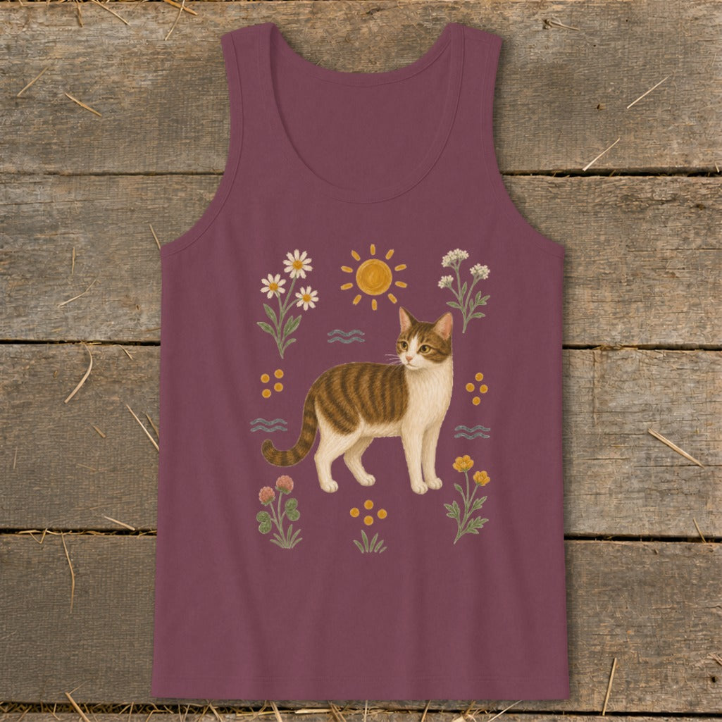 Maroon tank top with a tabby cat and floral illustration.