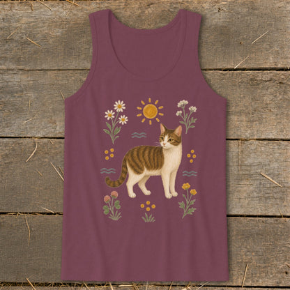 Maroon tank top with a tabby cat and floral illustration.