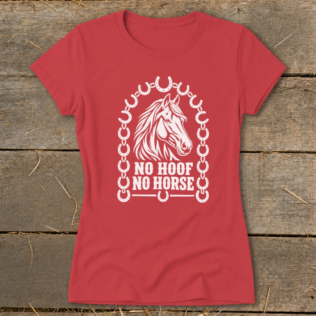 Red t-shirt with white horse head graphic and text "NO HOOF NO HORSE".