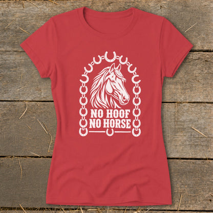 Red t-shirt with white horse head graphic and text "NO HOOF NO HORSE".
