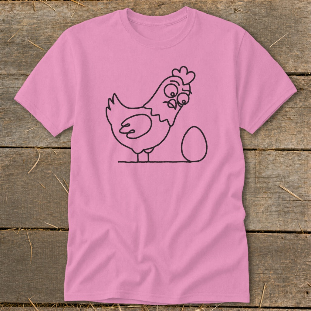 Pink t-shirt with a minimalist black line drawing of a surprised chicken next to an egg.
