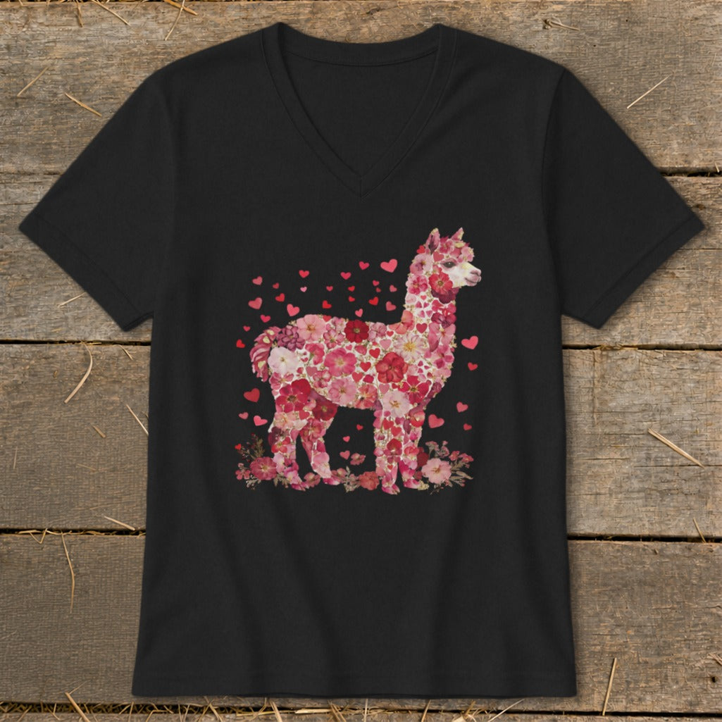 Black v-neck t-shirt with a pink floral alpaca graphic surrounded by hearts.