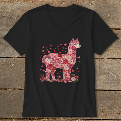 Black v-neck t-shirt with a pink floral alpaca graphic surrounded by hearts.