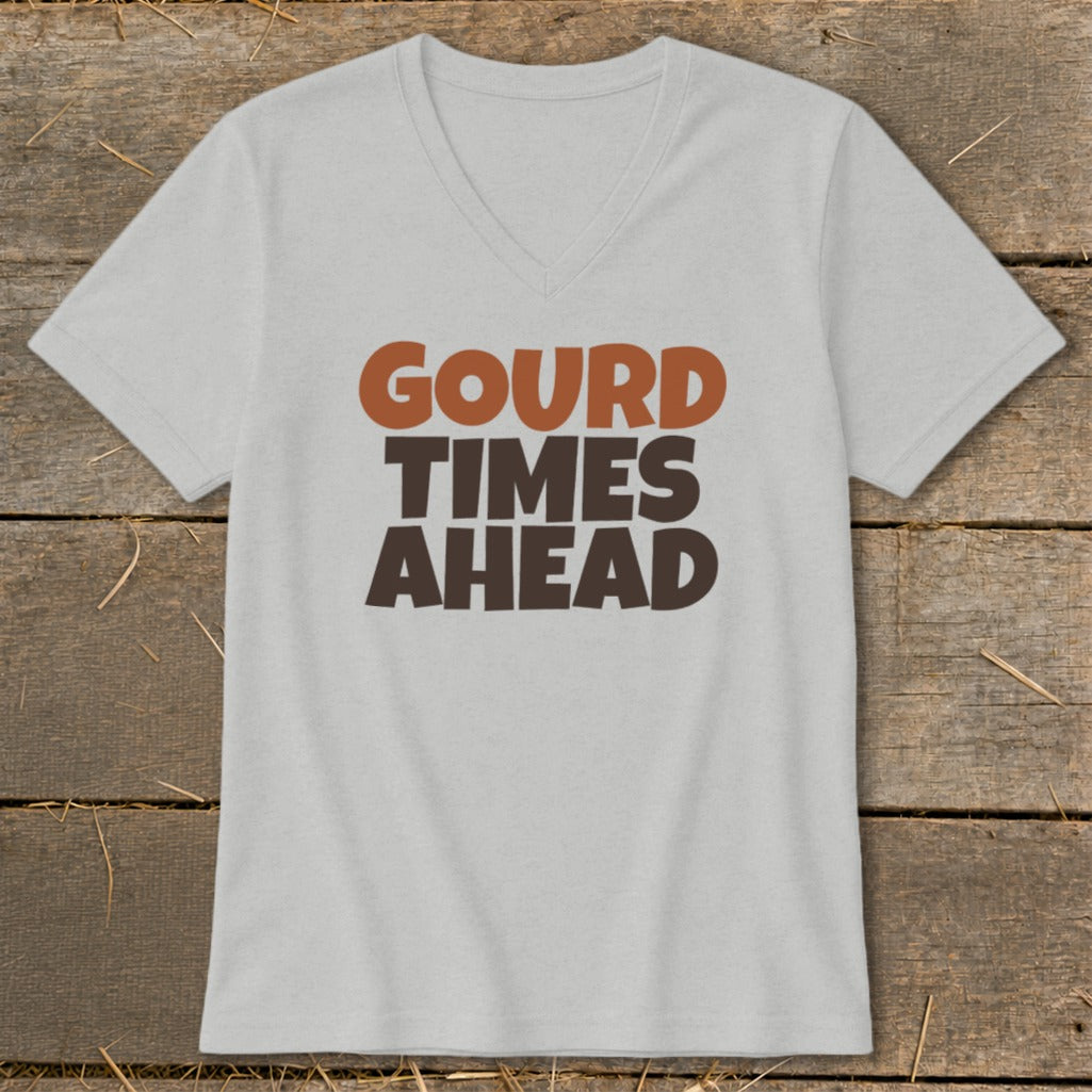 Light grey t-shirt with "GOURD TIMES AHEAD" text in brown and orange.