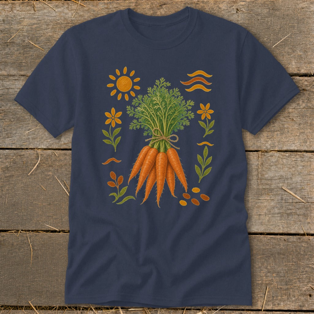 Navy t-shirt with a bunch of carrots and garden-themed illustrations.