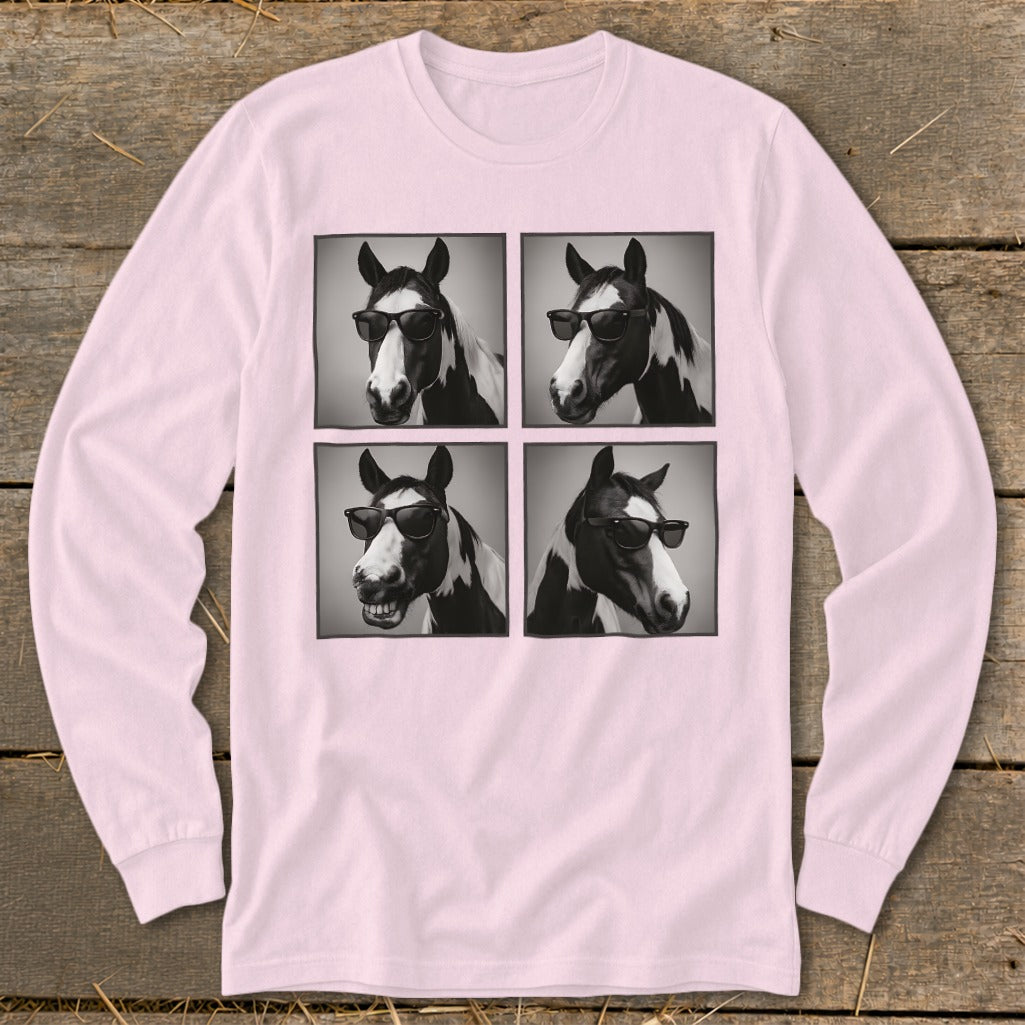 Four black and white portraits of a horse wearing sunglasses on a pink long-sleeve shirt.