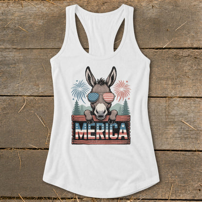 Donkey wearing American flag sunglasses, fireworks, and "MERICA" sign on white tank top.