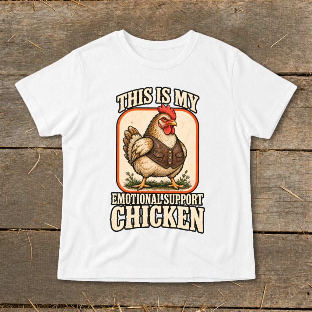 White t-shirt with graphic of chicken in vest reading "This is my emotional support chicken."