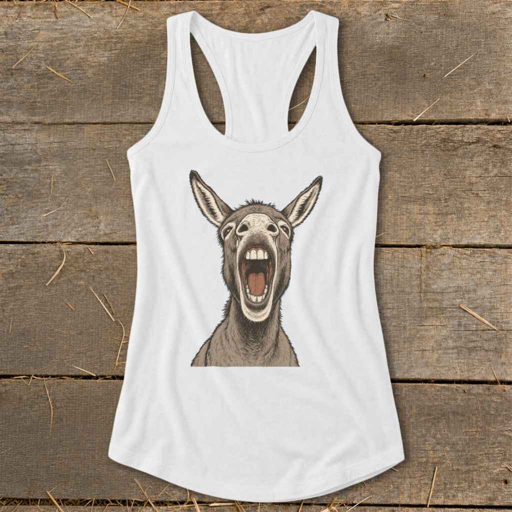 White tank top with a detailed drawing of a donkey's head with its mouth wide open.