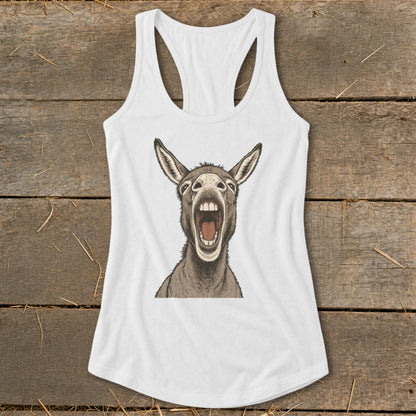 White tank top with a detailed drawing of a donkey's head with its mouth wide open.