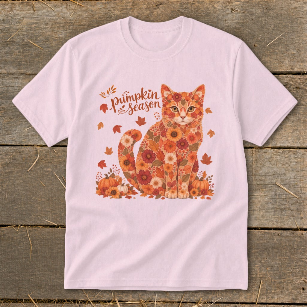 Pink t-shirt with a cat made of flowers and the text "pumpkin season".