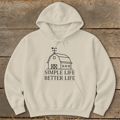 Beige hoodie with barn graphic and text "Simple Life Better Life."