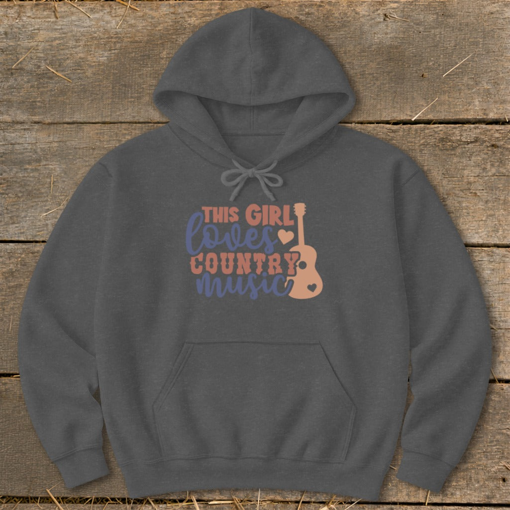 Dark grey hoodie with "This Girl Loves Country Music" text and guitar graphic.