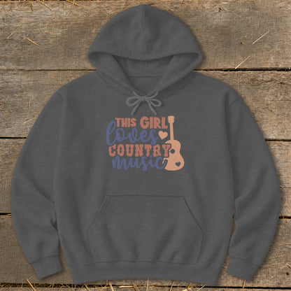 Dark grey hoodie with "This Girl Loves Country Music" text and guitar graphic.