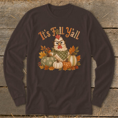 Brown long-sleeve shirt with a chicken, pumpkins, and "It's Fall Y'all" text.
