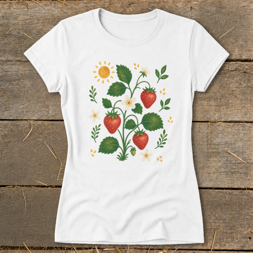 White t-shirt with a strawberry plant graphic and a yellow sun.