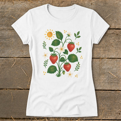 White t-shirt with a strawberry plant graphic and a yellow sun.