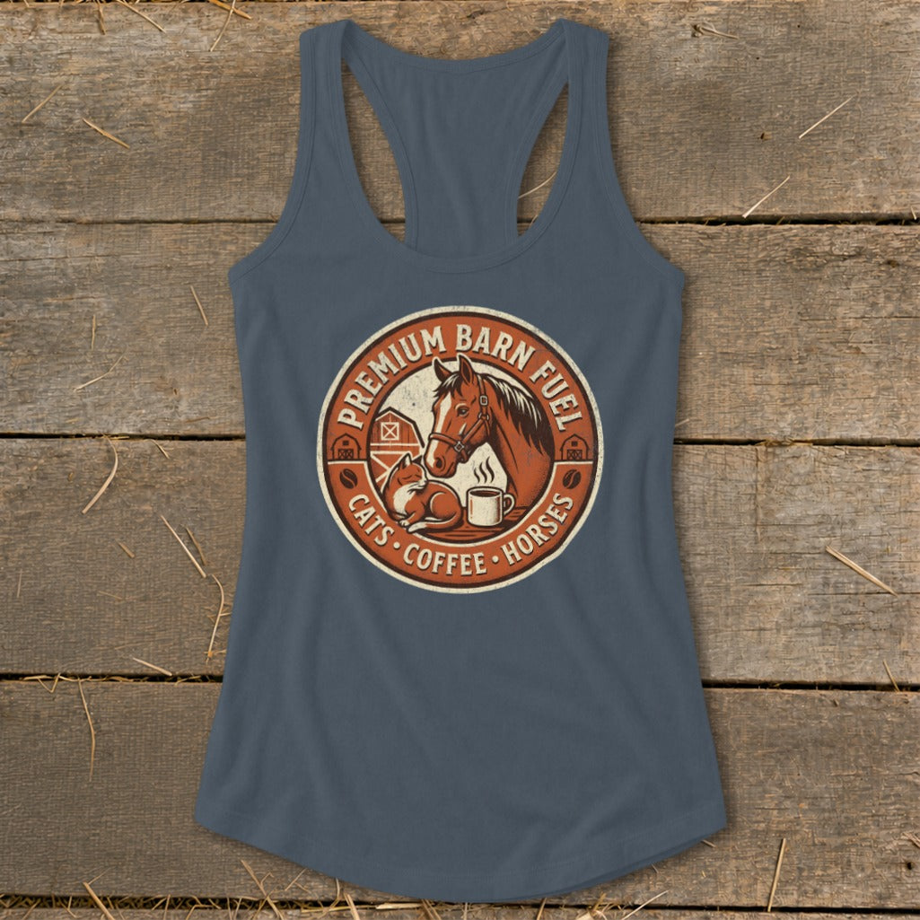 Tank top with circular graphic featuring horse, cat, coffee, and text.