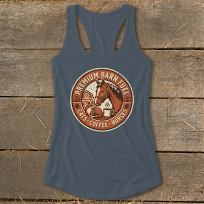 Tank top with circular graphic featuring horse, cat, coffee, and text.