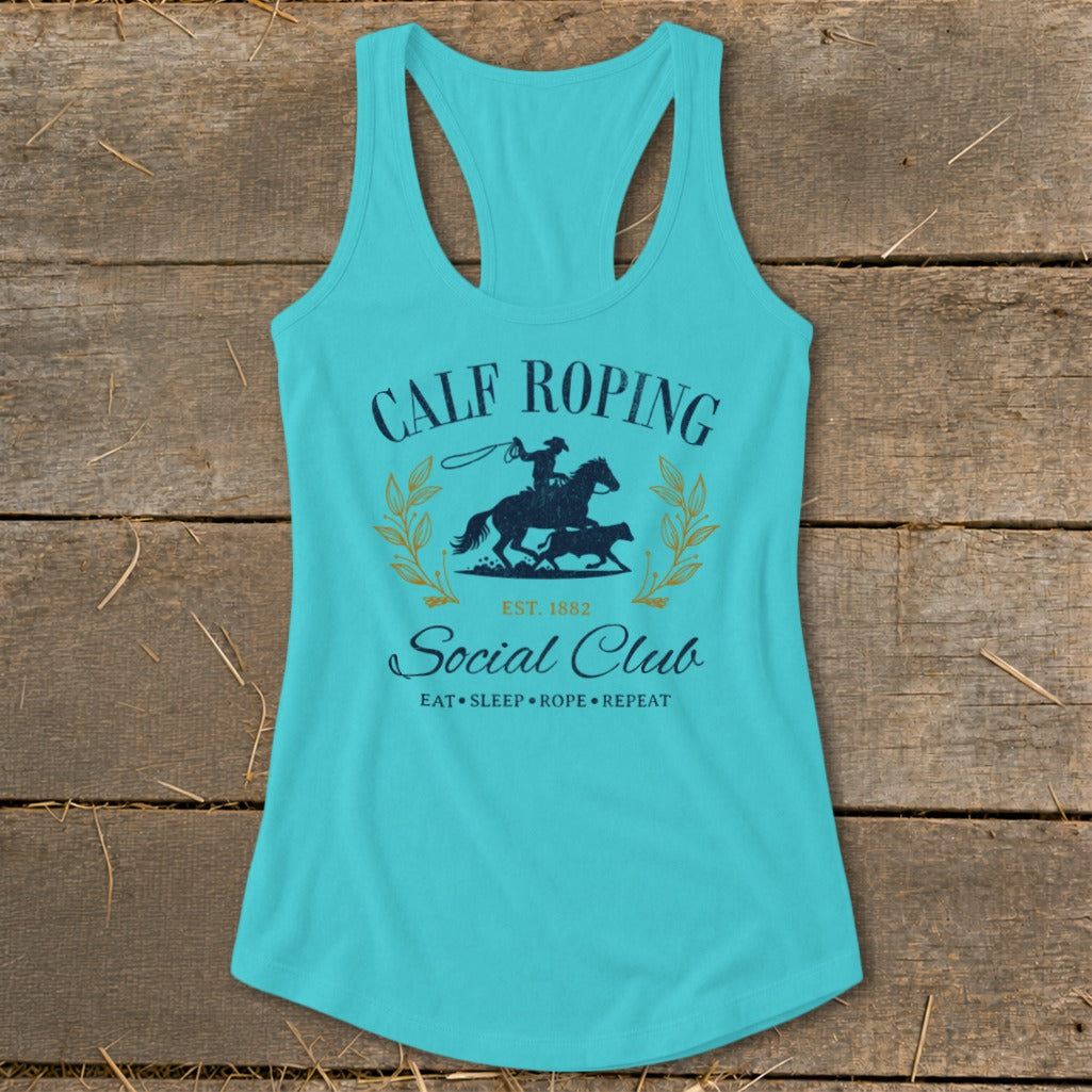 Turquoise tank top with Calf Roping Social Club graphic and rodeo imagery.