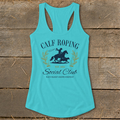 Turquoise tank top with Calf Roping Social Club graphic and rodeo imagery.