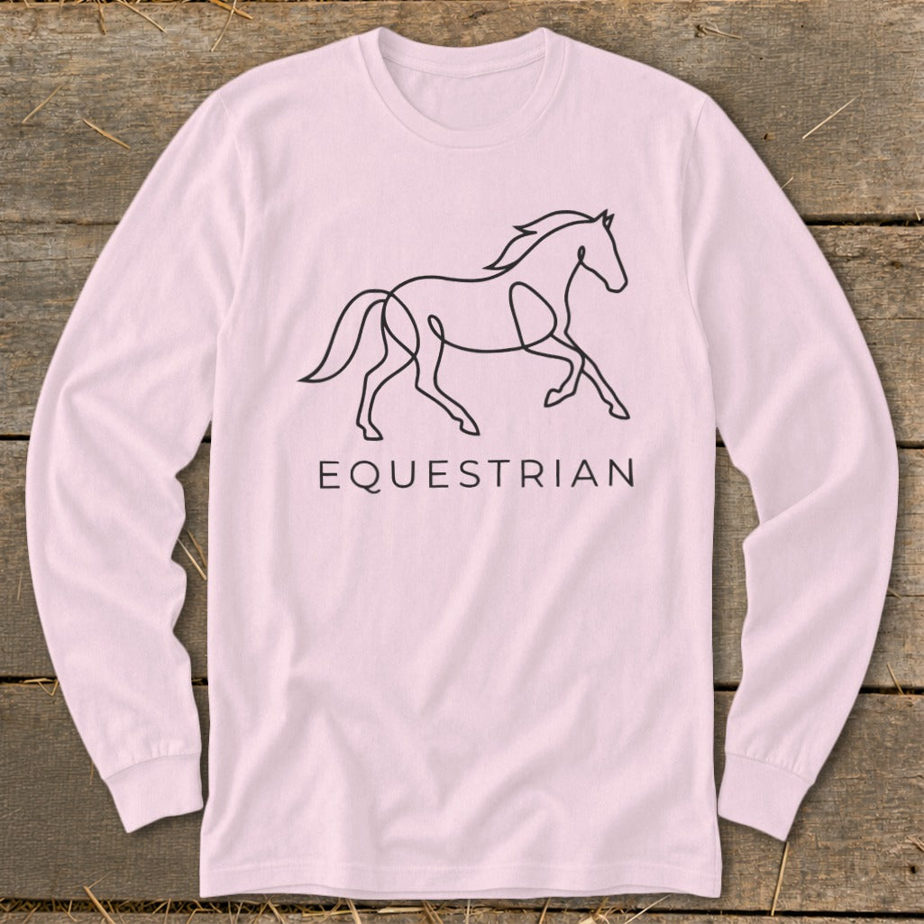 Pink long-sleeve shirt with a black outline drawing of a horse and the word EQUESTRIAN.