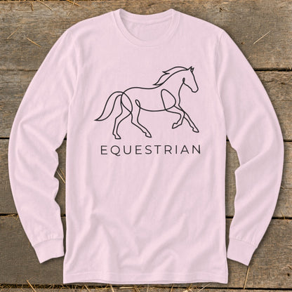 Pink long-sleeve shirt with a black outline drawing of a horse and the word EQUESTRIAN.