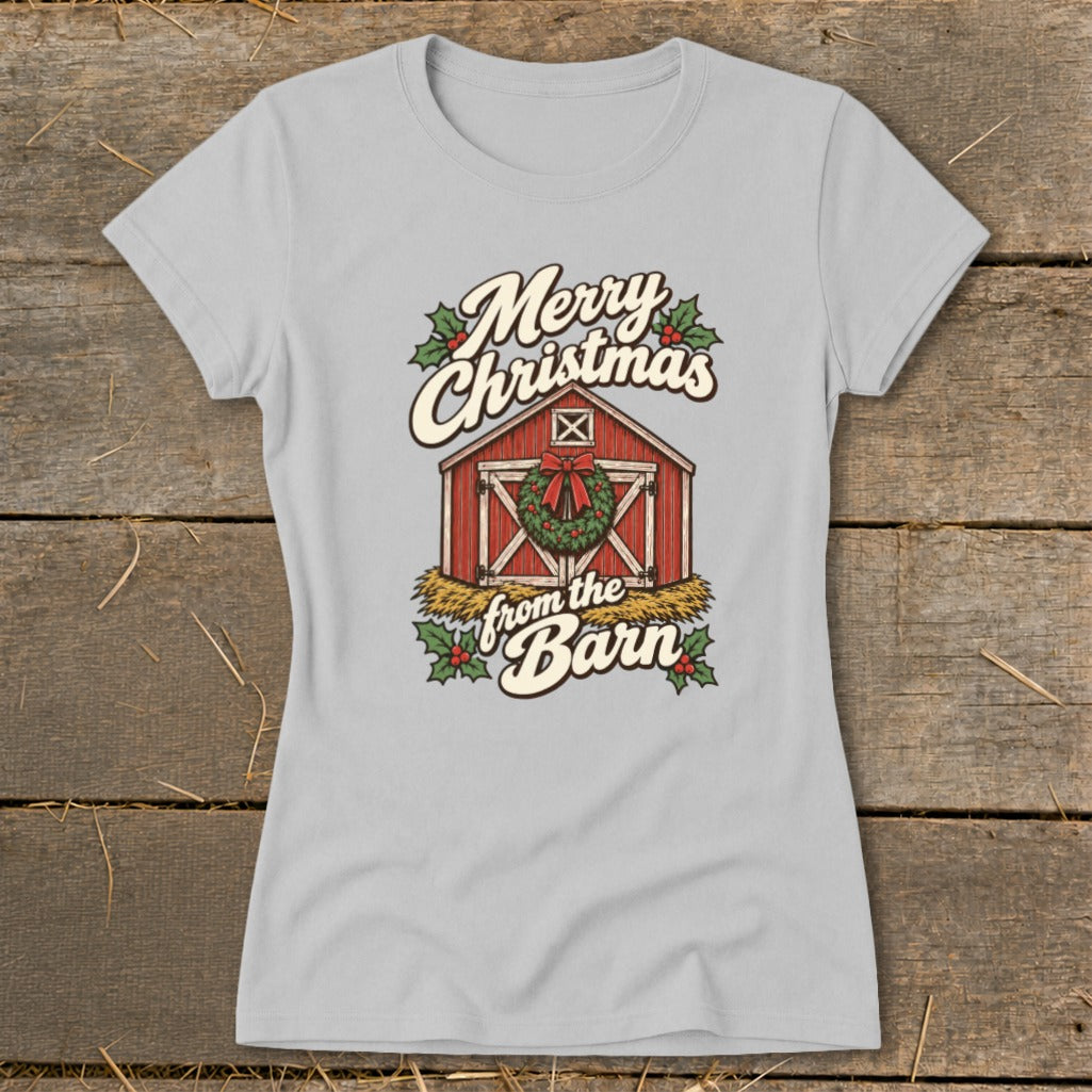 Light gray t-shirt with "Merry Christmas from the Barn" text and barn graphic.