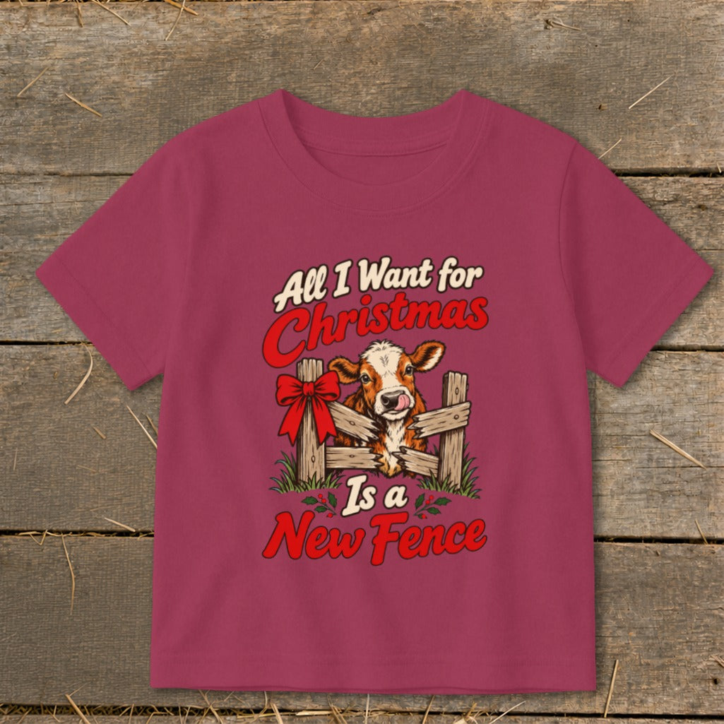 Berry t-shirt with cow graphic and text "All I Want for Christmas Is a New Fence".