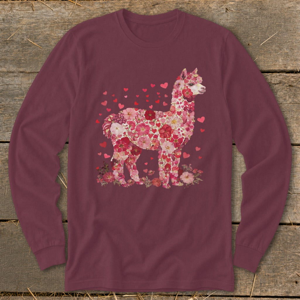 Maroon long sleeve shirt with a floral alpaca and heart design.