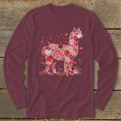 Maroon long sleeve shirt with a floral alpaca and heart design.