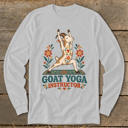 Goat in warrior pose on yoga mat with "Goat Yoga Instructor" text.