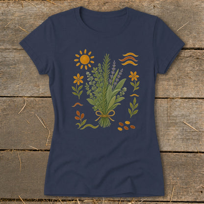 Navy t-shirt with bouquet of herbs, sun, flowers, and wavy lines design.