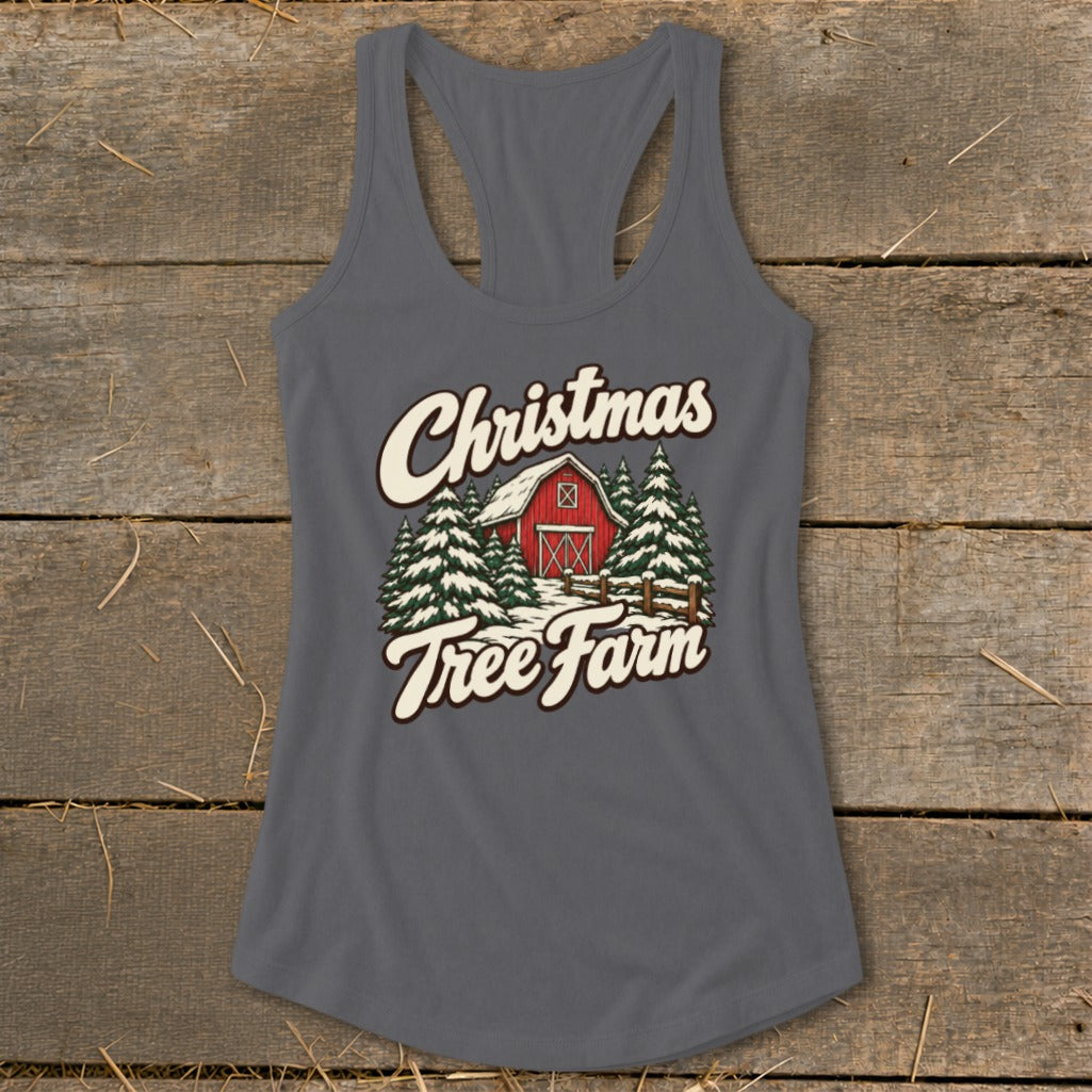 Grey tank top with "Christmas Tree Farm" text and a red barn with snowy trees.
