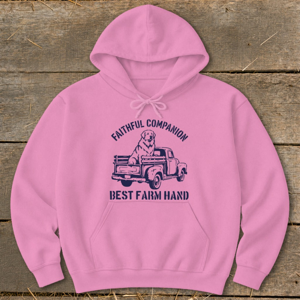 Pink hoodie with a navy graphic of a dog in a truck and text.
