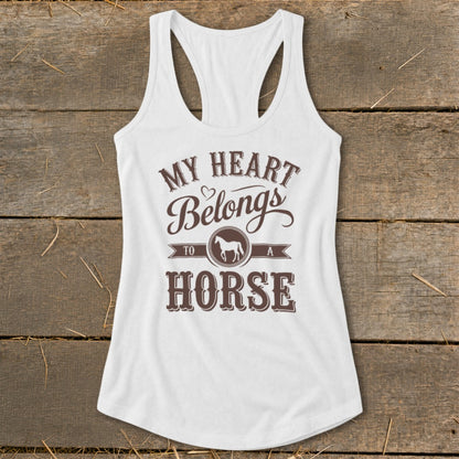 White tank top with brown text and horse graphic saying "My heart belongs to a horse".
