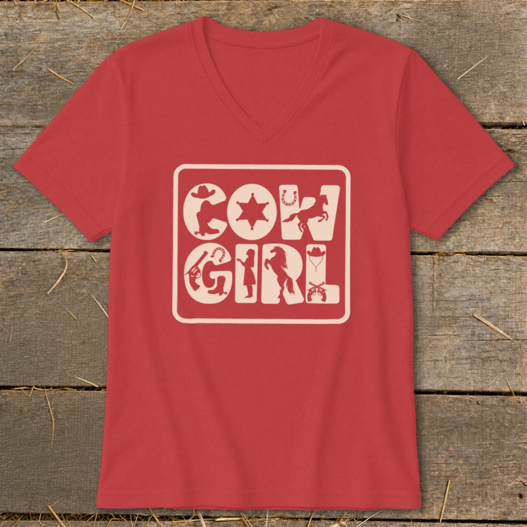 Red t-shirt with "COWGIRL" text and western-themed icons in cream.