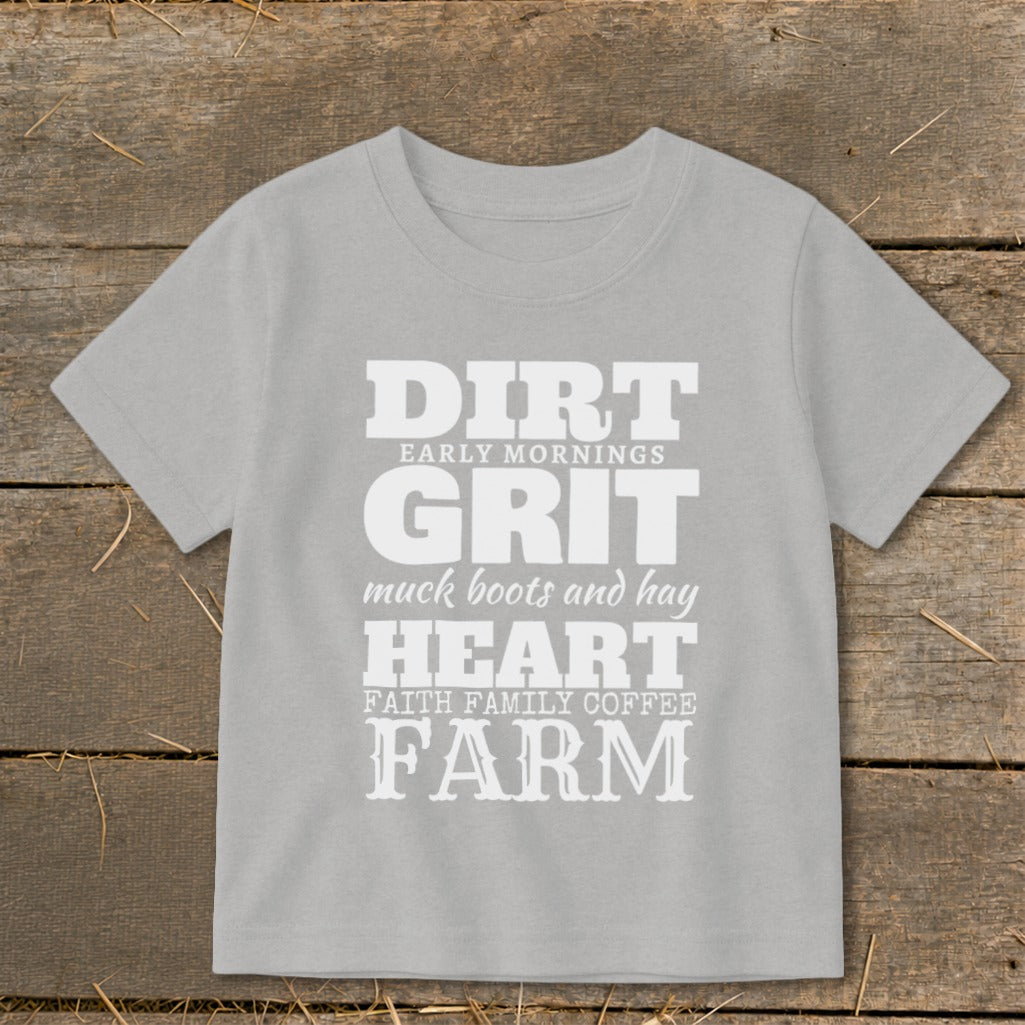 Gray t-shirt with "DIRT, GRIT, HEART, FARM" text and associated phrases.