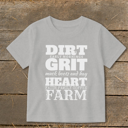 Gray t-shirt with "DIRT, GRIT, HEART, FARM" text and associated phrases.