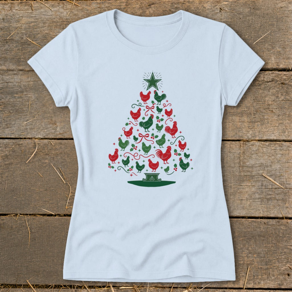 Light blue t-shirt with Christmas tree design made of red and green chickens.