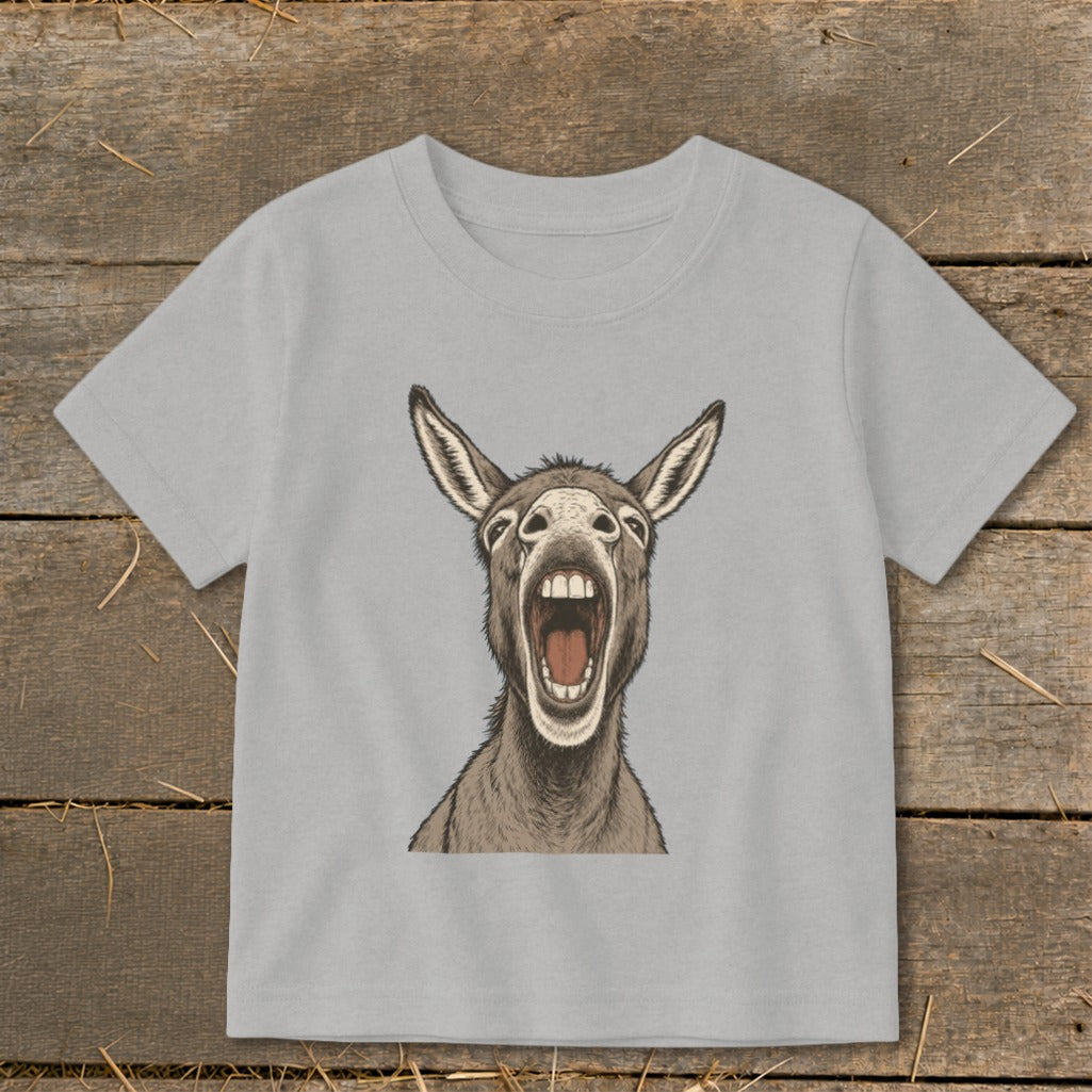 Grey t-shirt with illustration of a donkey with its mouth wide open.
