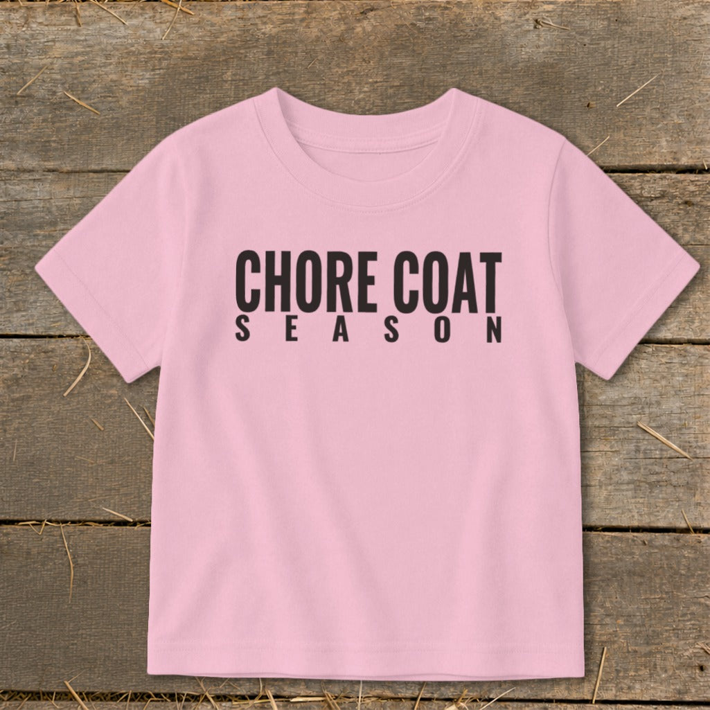 Pink t-shirt with black text reading "CHORE COAT SEASON".