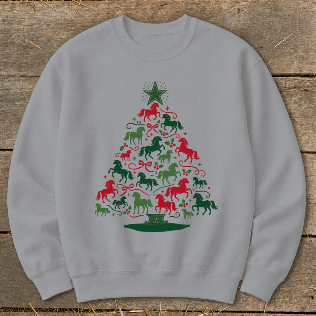 Light gray sweatshirt with a Christmas tree made of red and green horses.