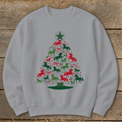Light gray sweatshirt with a Christmas tree made of red and green horses.