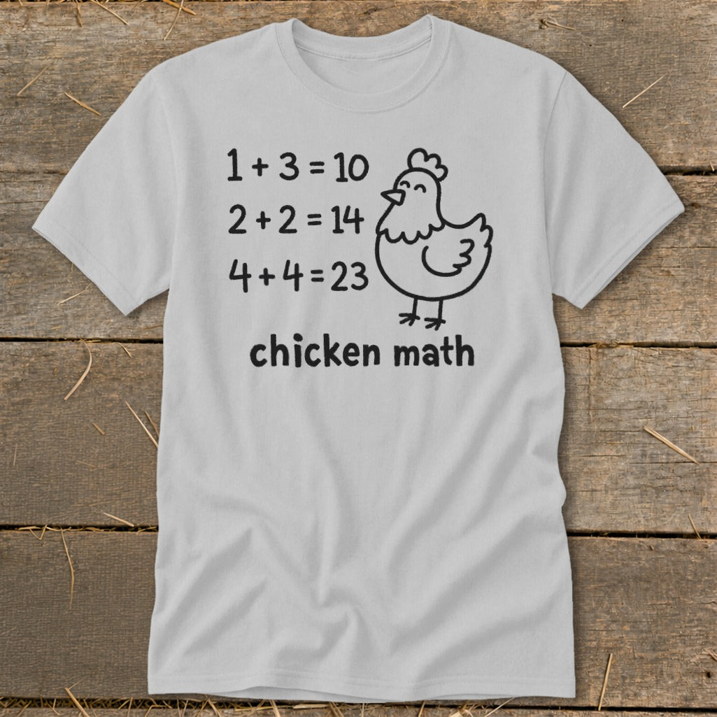 Light gray t-shirt with "chicken math" and incorrect math equations beside a cartoon chicken.