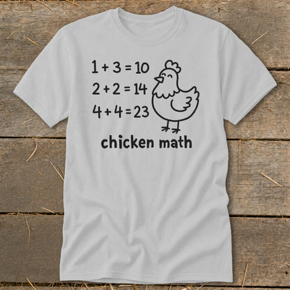 Light gray t-shirt with "chicken math" and incorrect math equations beside a cartoon chicken.