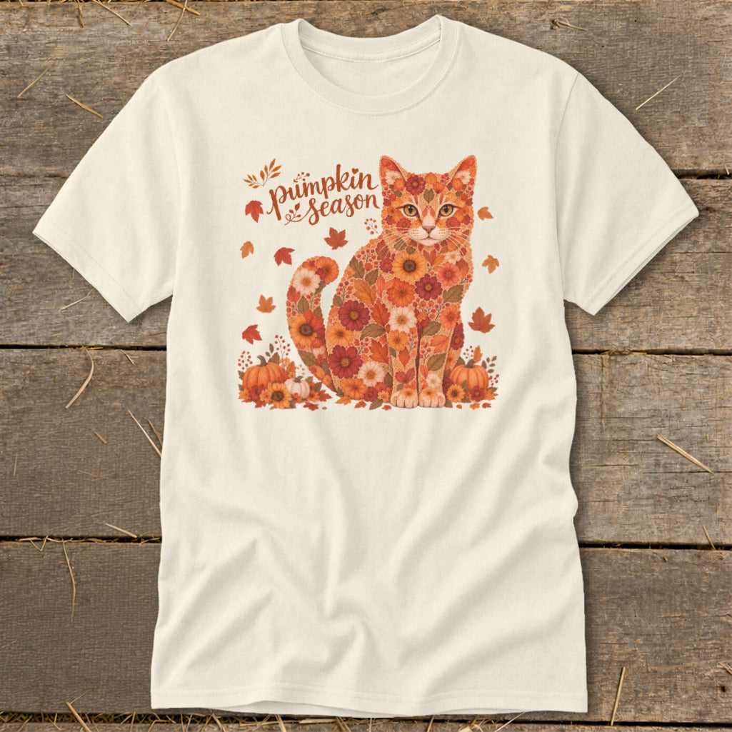 Cream t-shirt with floral cat design and "pumpkin season" text surrounded by autumn leaves.