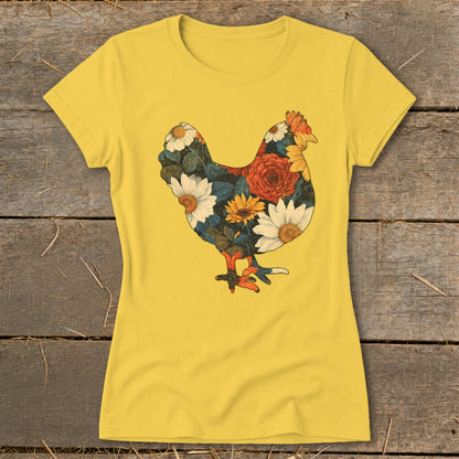 Yellow t-shirt with a chicken silhouette filled with floral patterns.