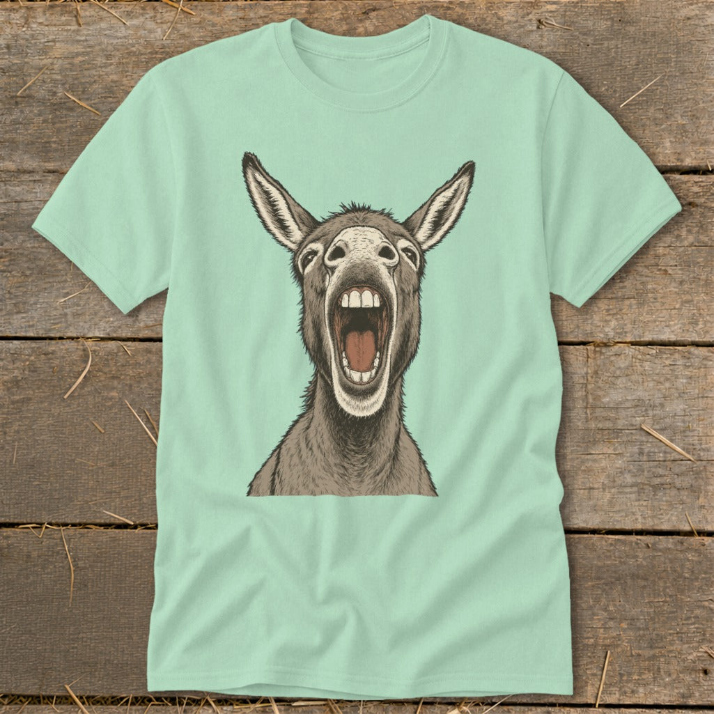 Mint t-shirt with a drawing of a donkey with its mouth wide open.