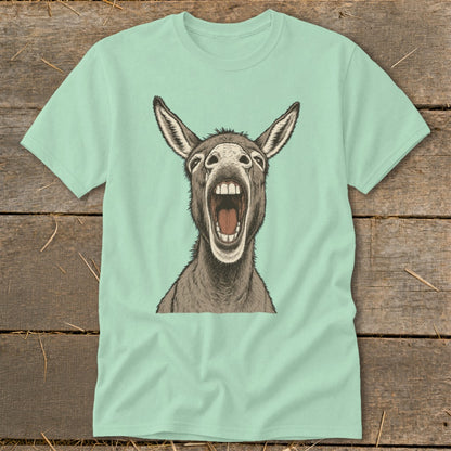 Mint t-shirt with a drawing of a donkey with its mouth wide open.